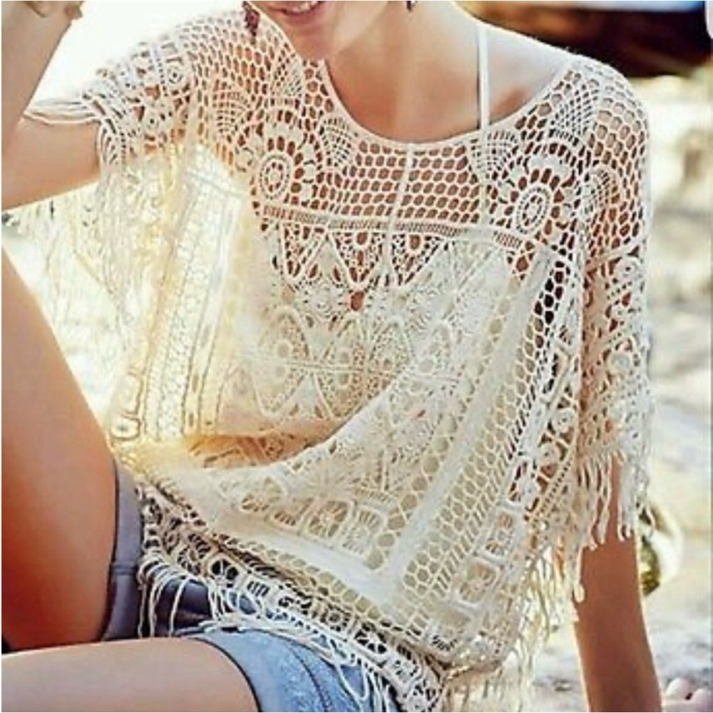 Ariat Cream Crochet Fringe Poncho Sweater